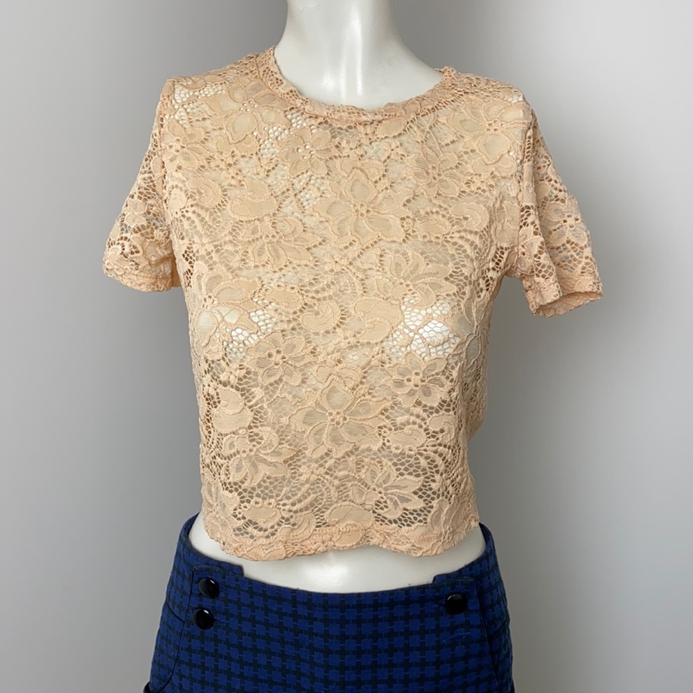 Zara Peach Floral Lace Sheer Crop Top Size S